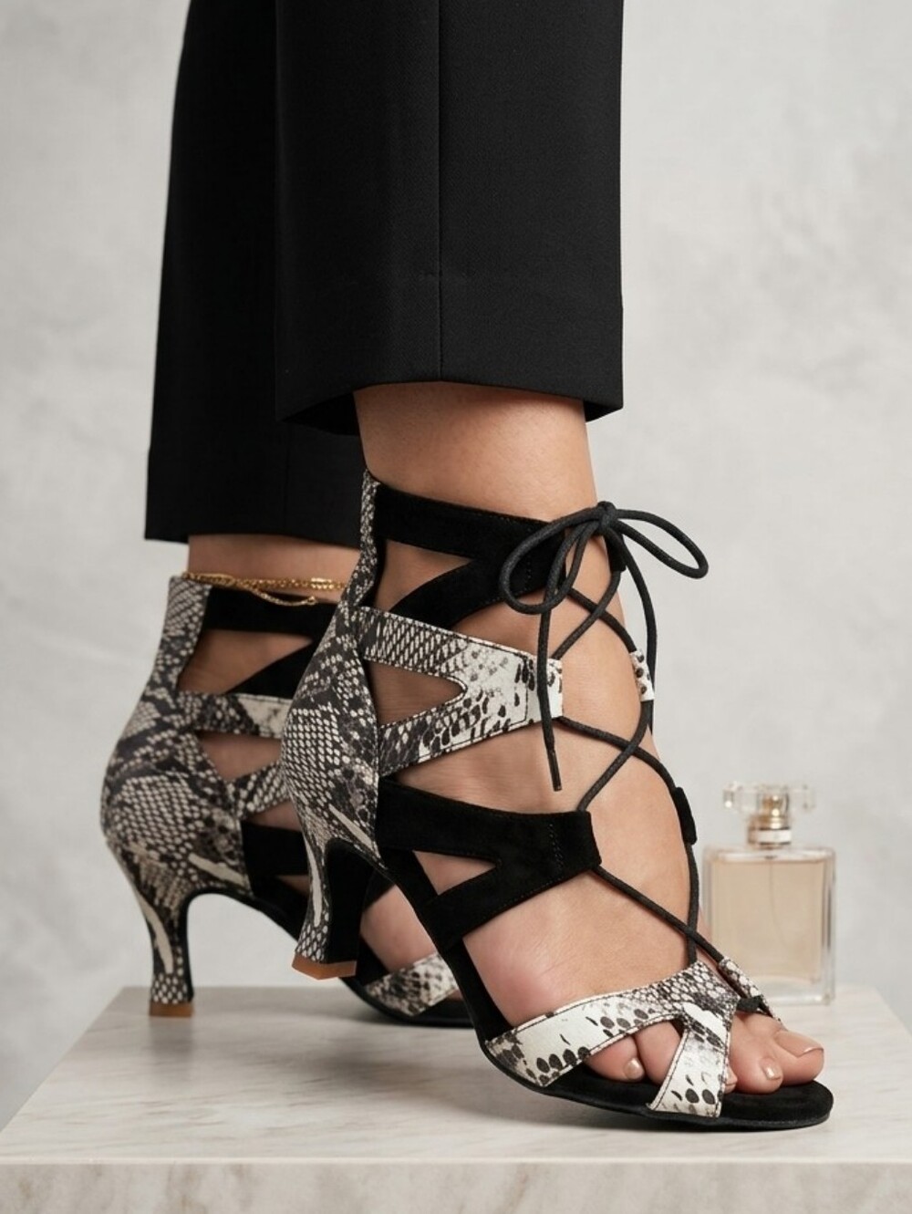 Black Snake-Print Lace-Up Women’s Dance Heels #165